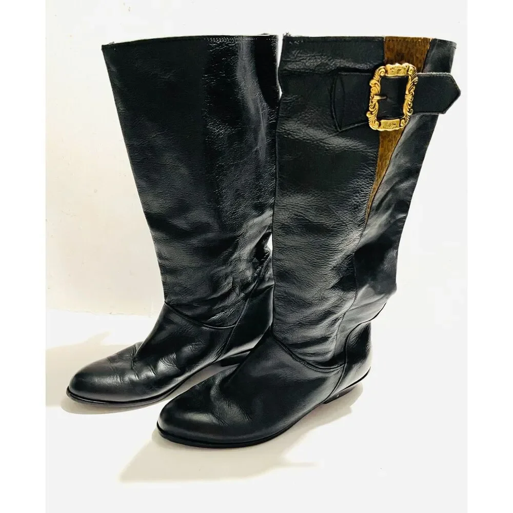 Claud Foam riding leather boots Italy black animal print gold buckle women 10.5